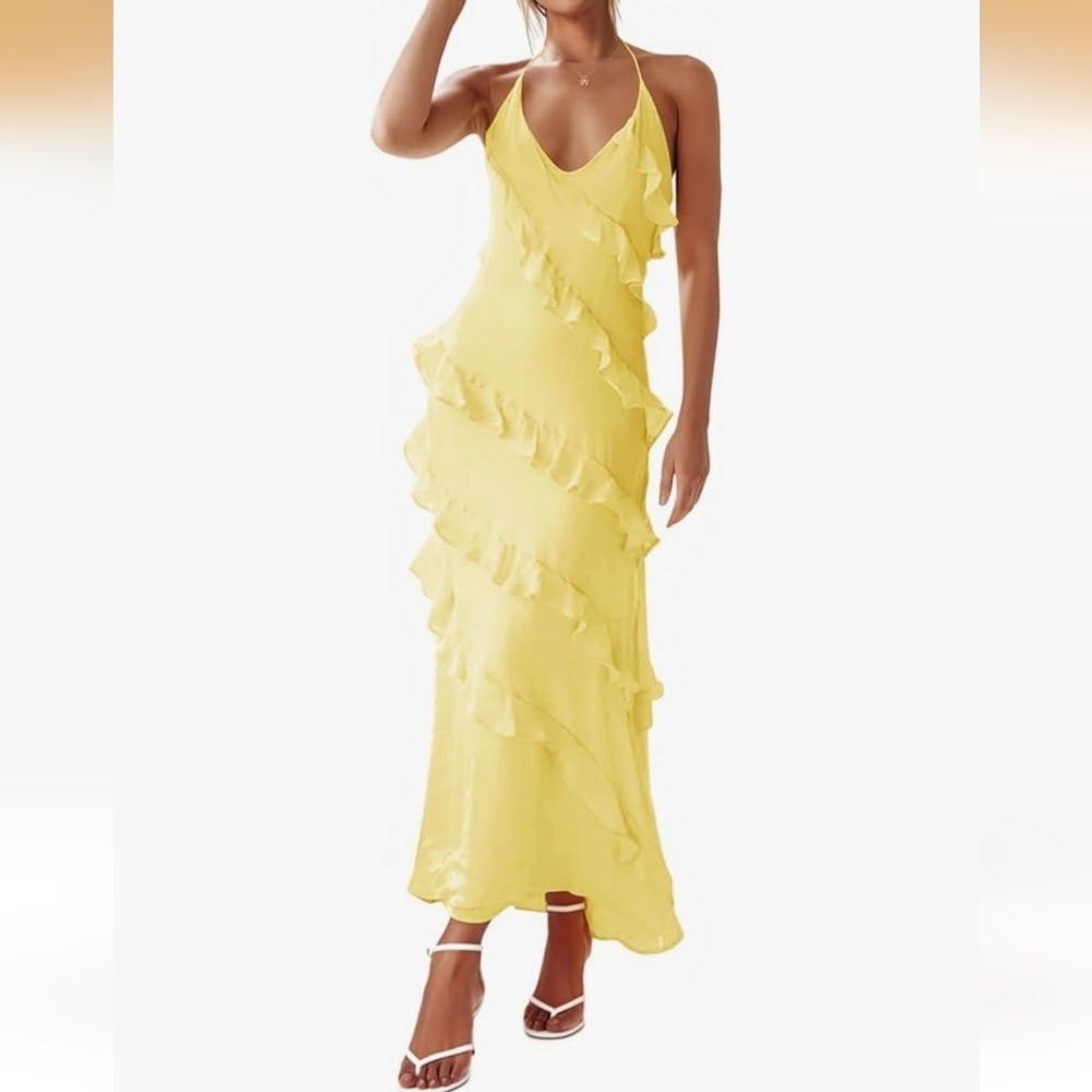 Elegant Yellow Chiffon Cascading Ruffle Maxi Dress XS